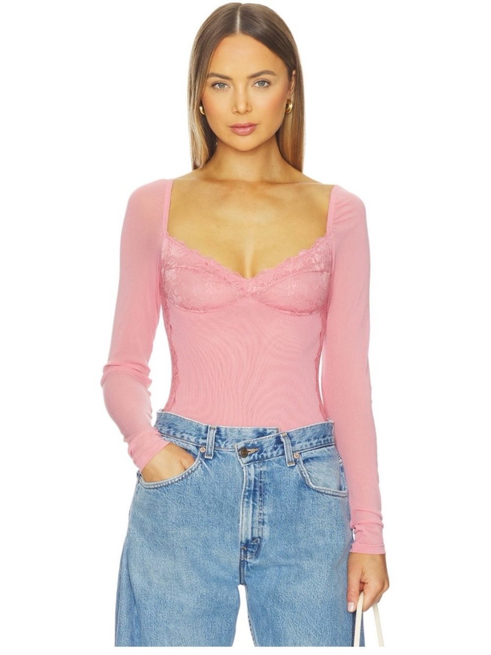 Free People Pink Lace-Trim Long Sleeve Bodysuit - Women